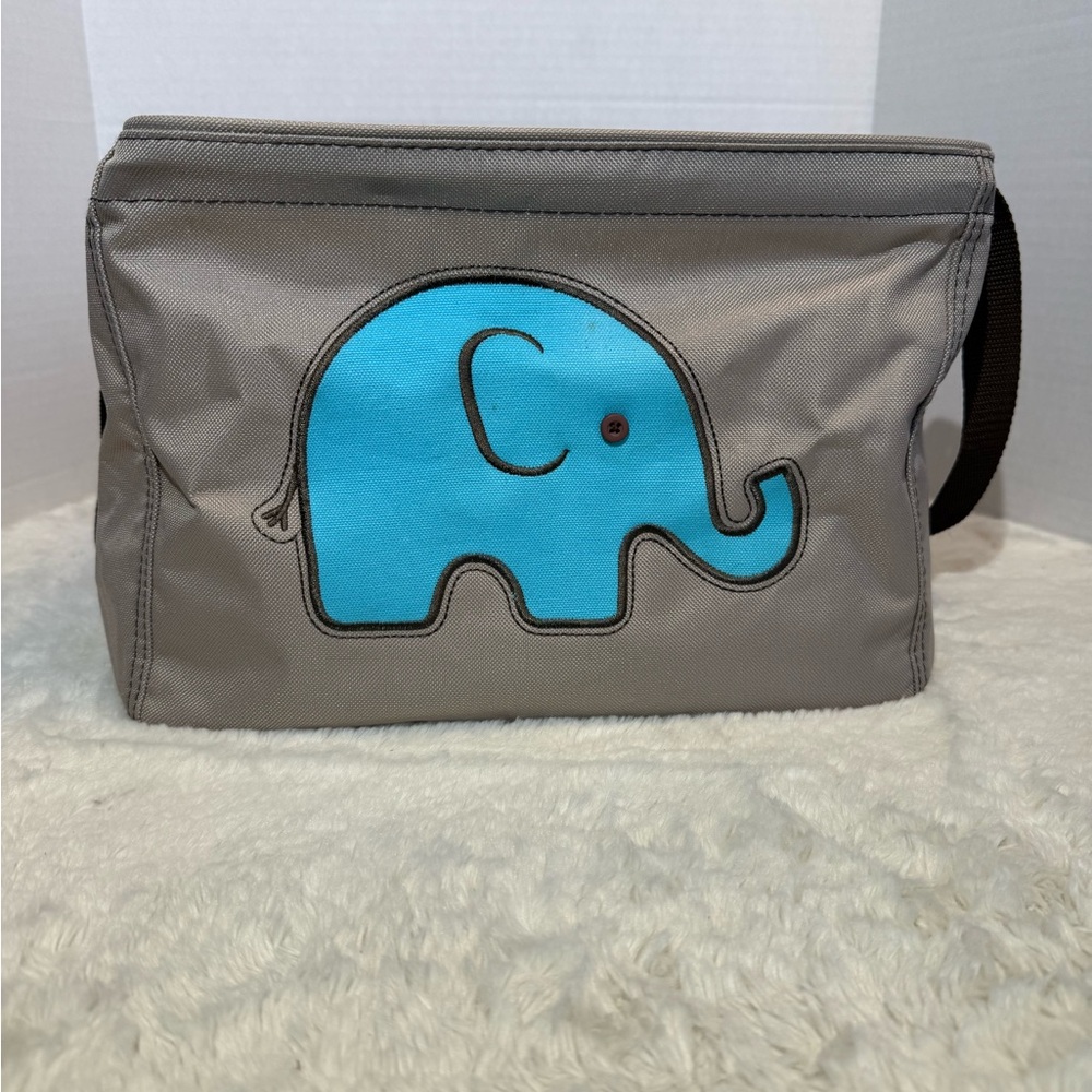 thirty-one small square beige colored tote with brown handles &  blue elephant